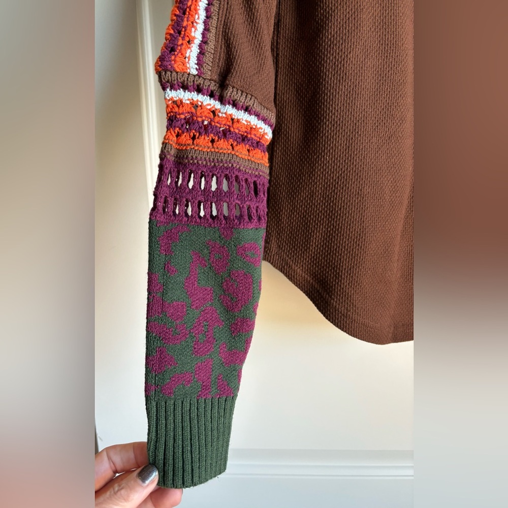 Free Preople Switch It Up Thermal Sweater Brown with Green, Purple and Orange S - Picture 7 of 9